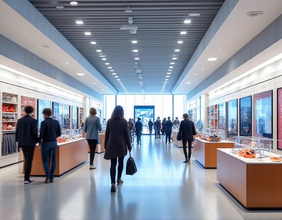 A bustling, modern retail store interior, showing customer activity.