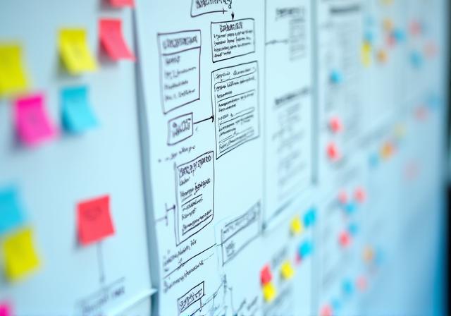 A whiteboard covered in strategic diagrams and sticky notes.