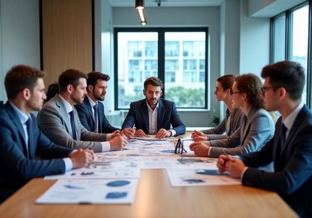 A diverse team working together at a large table.